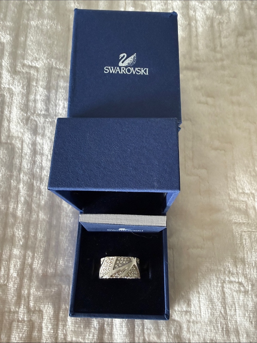 Swarovski Silver Tone Crystal-Studded Wide Band Ring